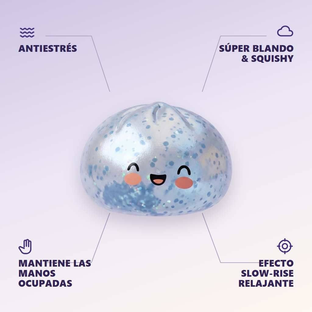 Dumpling Squishy Sparkle Azul Glaciar — antiestrés, ultra blando, efecto slow-rise
