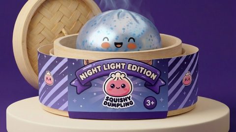 Dumpling Squishy Sparkle Azul Glaciar en su cesta de vapor de bambú