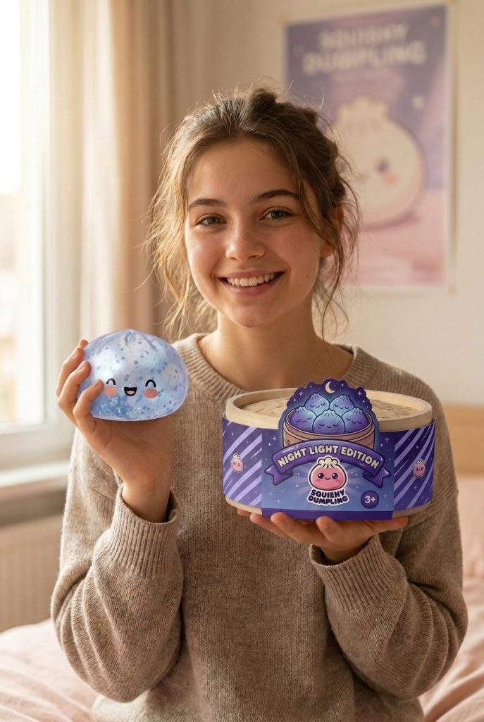 Dumpling Squishy Sparkle Azul Glaciar con su cesta de vapor de bambú