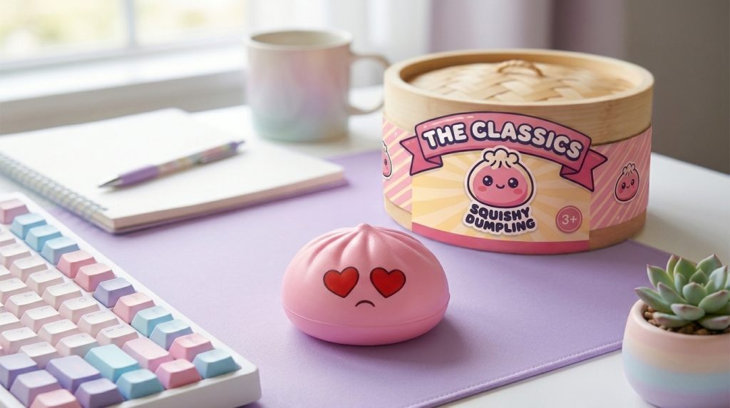 Mini Dumpling Squishy Kawaii Sorpresa en un ambiente de escritorio