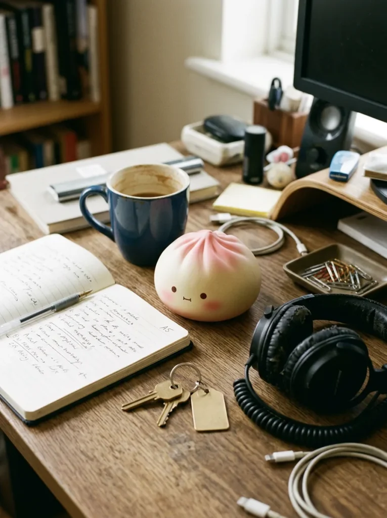 Mini Dumpling Squishy Kawaii Sorpresa en un escritorio