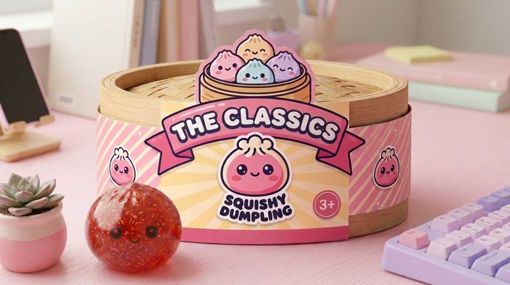 Mini Dumpling Squishy Metálico Brillante en un ambiente de escritorio