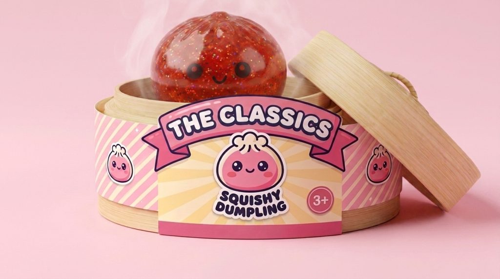 Mini Dumpling Squishy Metálico Brillante en su cesta de vapor de bambú