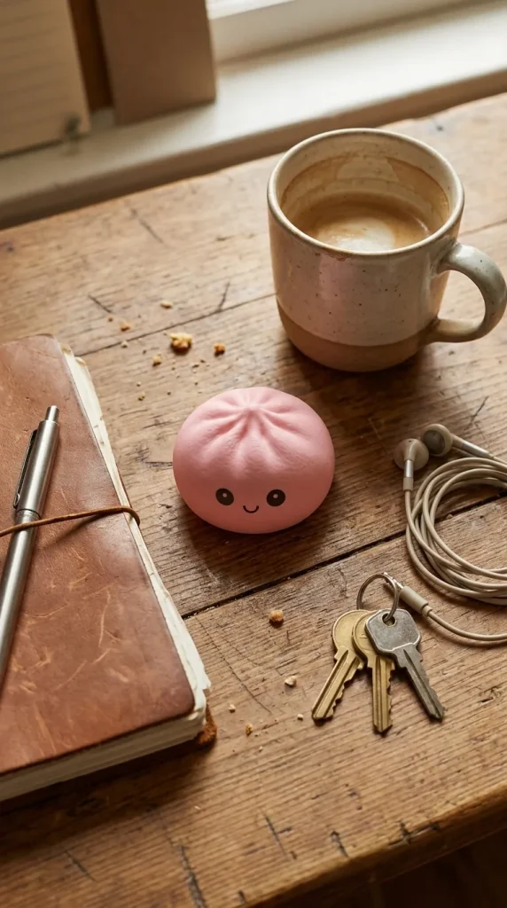 Mini Dumplings Squishy Mystery Sorpresa en un escritorio