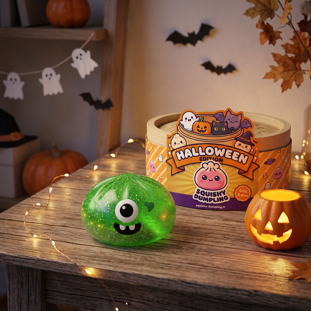 Squishy Dumpling Monster Halloween Verde Glitter en un ambiente de escritorio