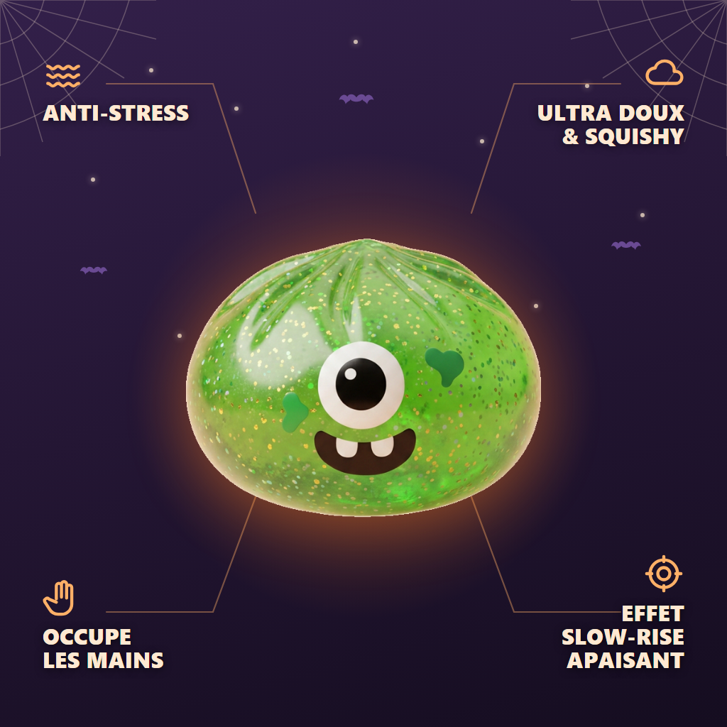 Squishy Dumpling Monster Halloween Verde Glitter — antiestrés, ultra blando, efecto slow-rise