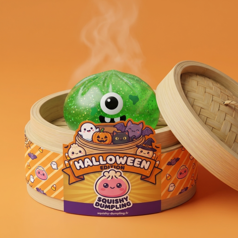 Squishy Dumpling Monster Halloween Verde Glitter en su cesta de vapor de bambú