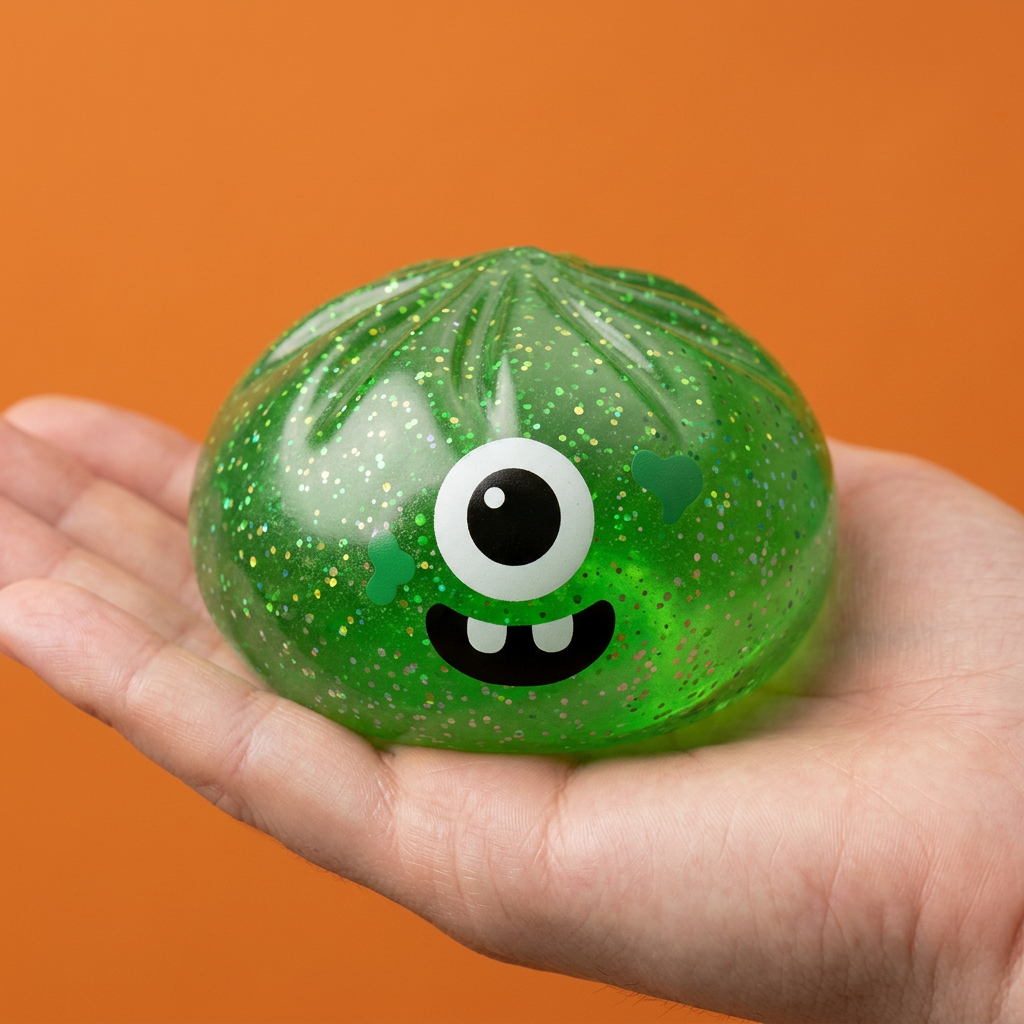 Squishy Dumpling Monster Halloween Verde Glitter en la mano, tamaño real