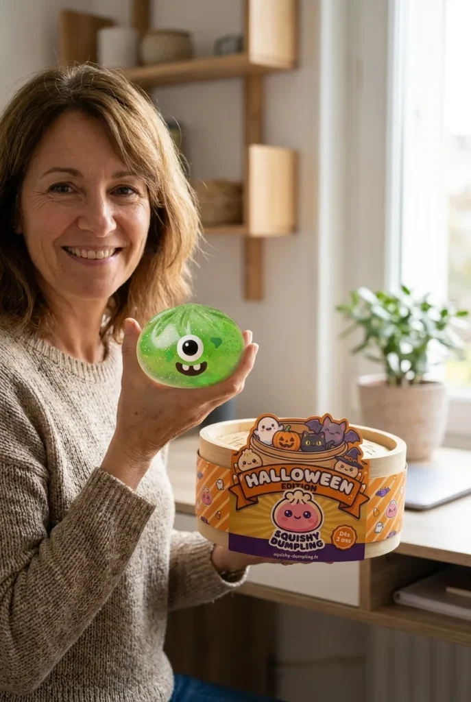 Squishy Dumpling Monster Halloween Verde Glitter con su cesta de vapor de bambú