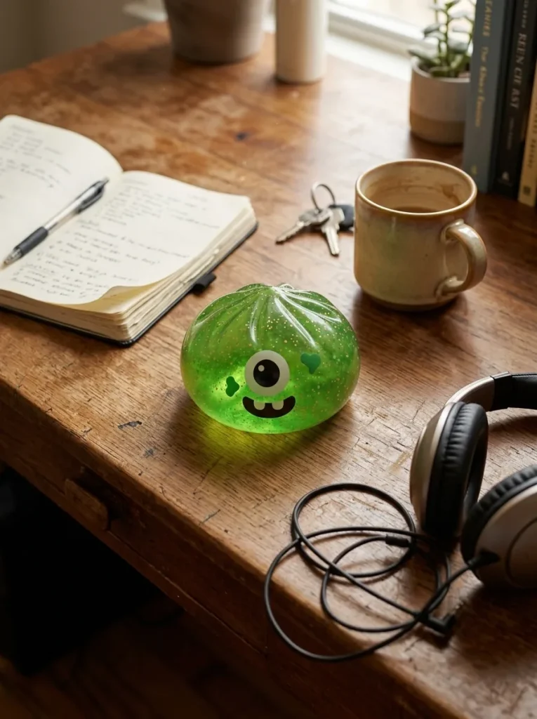 Squishy Dumpling Monster Halloween Verde Glitter en un escritorio