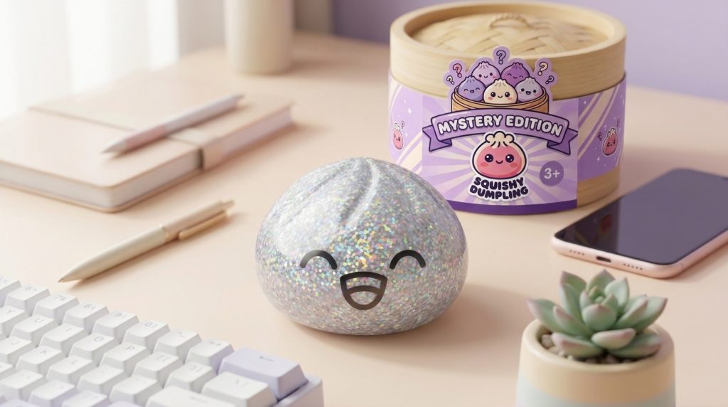 Rare Dumpling Squishy Mystery Coleccionable en un ambiente de escritorio