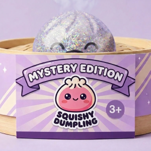 Rare Dumpling Squishy Mystery Coleccionable en su cesta de vapor de bambú