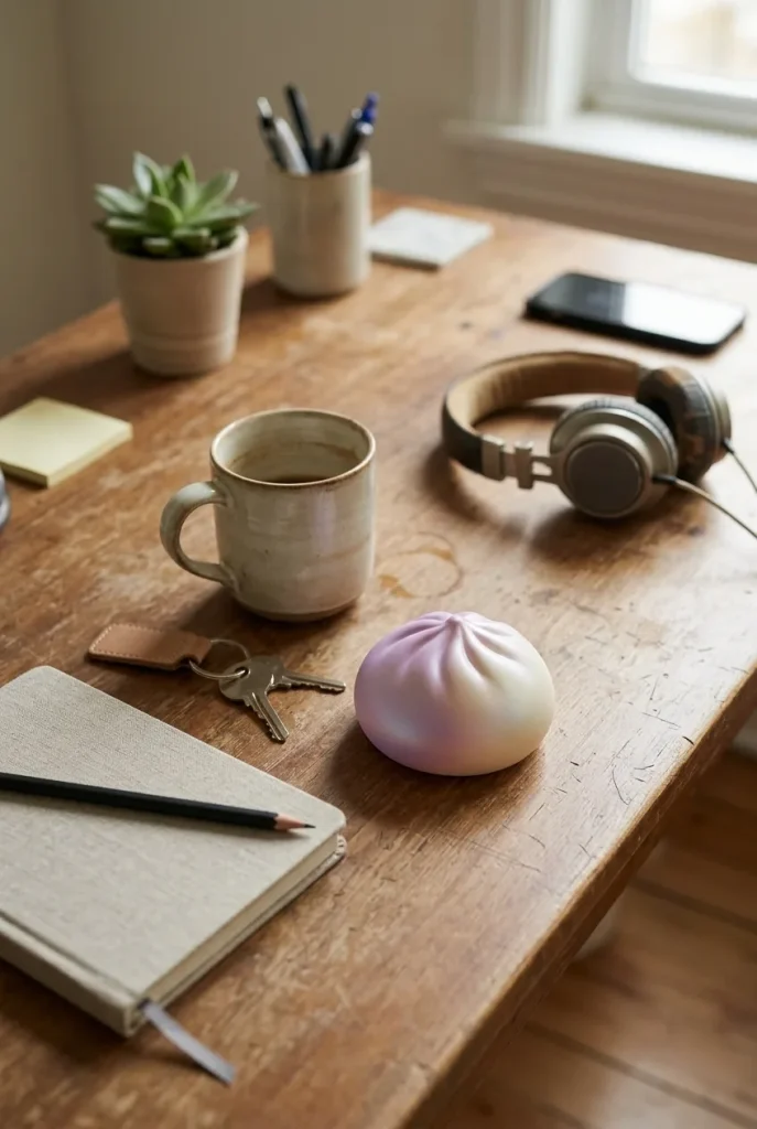 Rare Dumpling Squishy Mystery Coleccionable en un escritorio