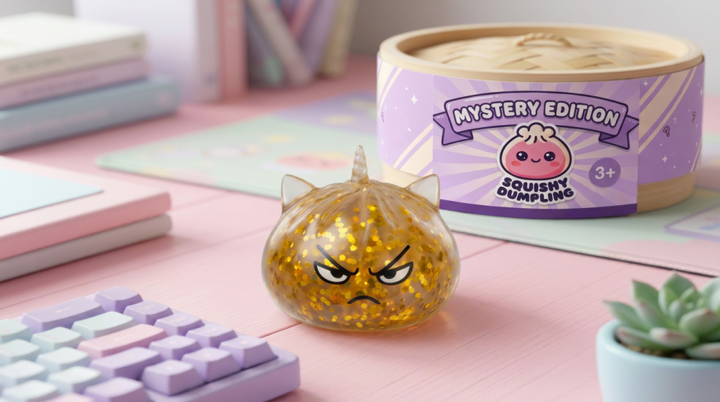 Glitter Dumpling Squishy Rare Unicornio Mágico en un ambiente de escritorio