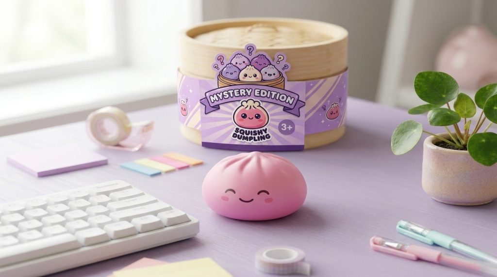Mystery Dumpling Squishy Caja Sorpresa en un ambiente de escritorio
