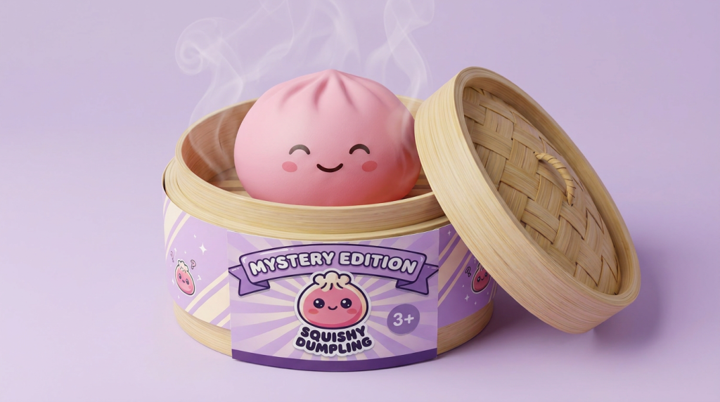 Mystery Dumpling Squishy Caja Sorpresa en su cesta de vapor de bambú