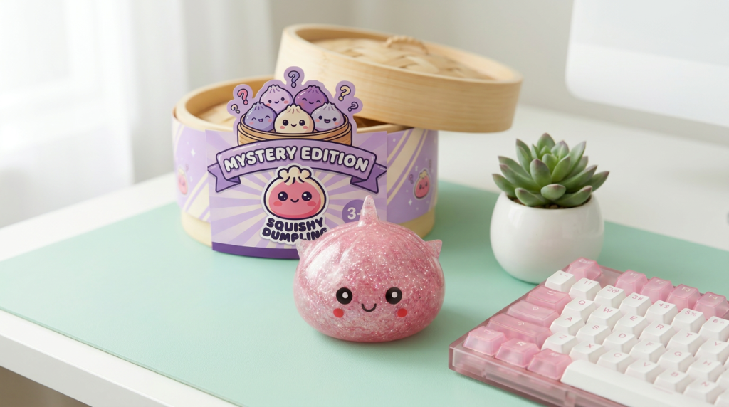 Mystery Dumpling Squishy Glitter Unicornio en un ambiente de escritorio