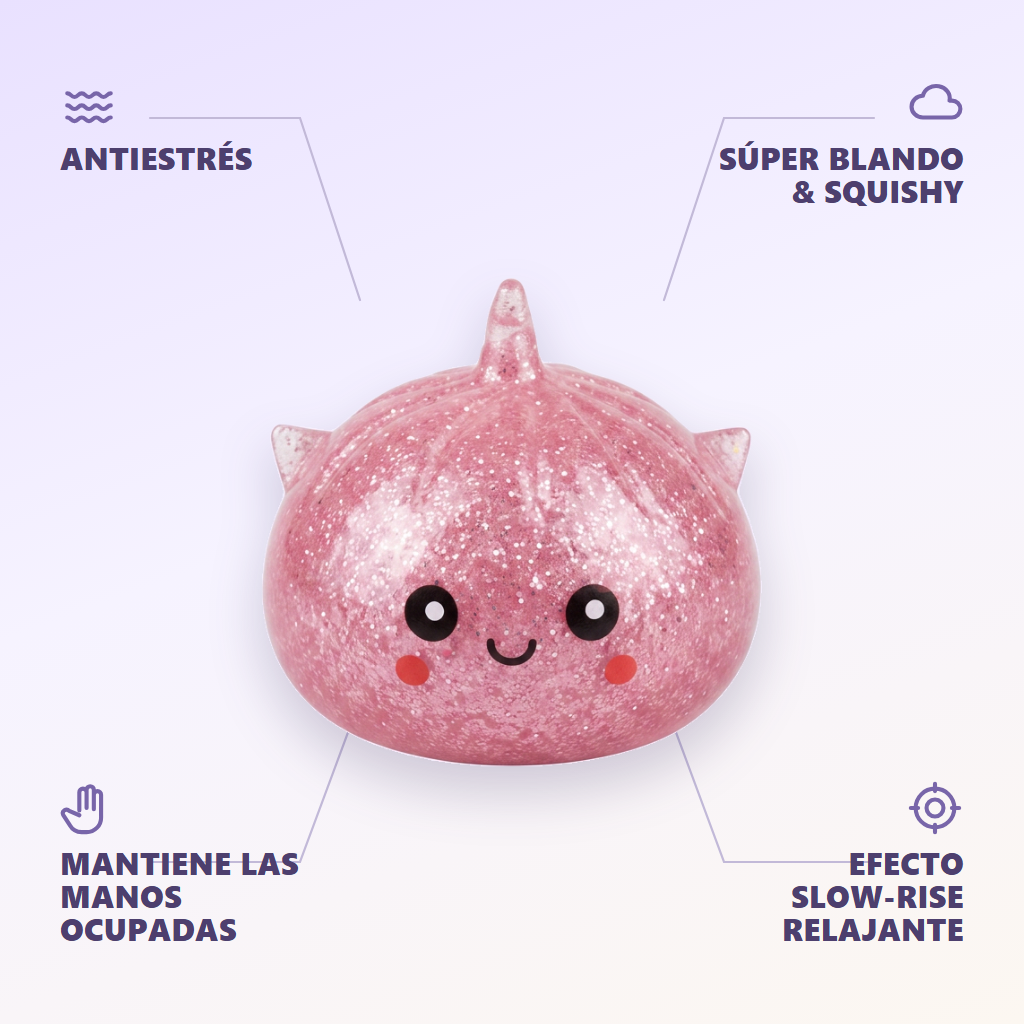 Mystery Dumpling Squishy Glitter Unicornio — antiestrés, ultra blando, efecto slow-rise