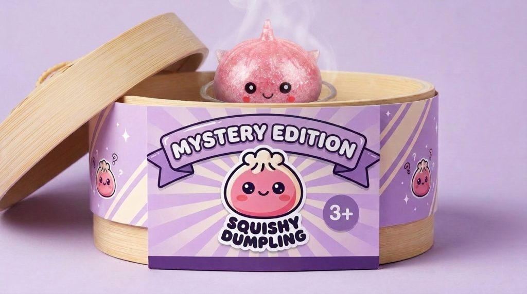 Mystery Dumpling Squishy Glitter Unicornio en su cesta de vapor de bambú