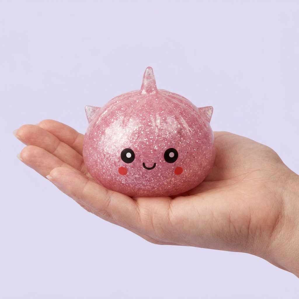 Mystery Dumpling Squishy Glitter Unicornio en la mano, tamaño real