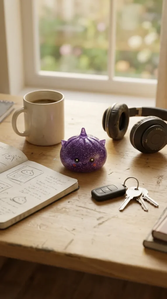 Mystery Dumpling Squishy Glitter Unicornio en un escritorio