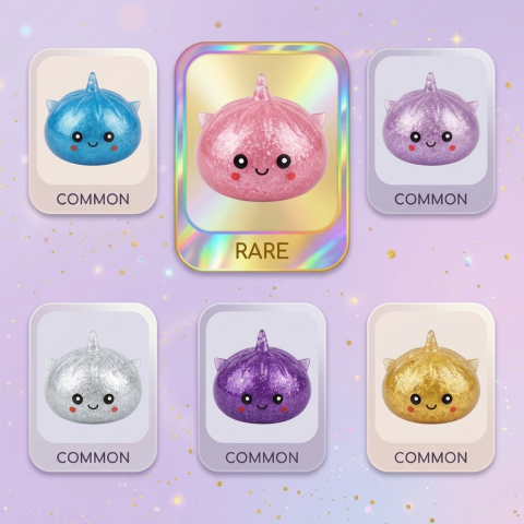 Mystery Dumpling Squishy Glitter Unicornio — tabla de rarezas (común, raro, ultra raro)