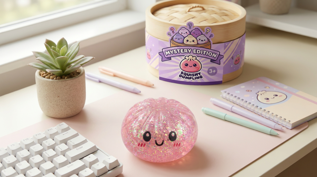 Dumplings Squishy Glitter Sorpresa en un ambiente de escritorio