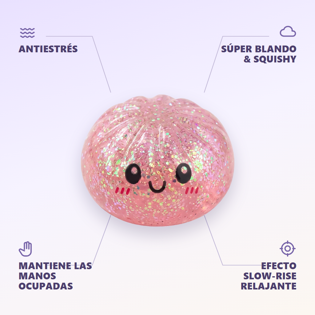 Dumplings Squishy Glitter Sorpresa — antiestrés, ultra blando, efecto slow-rise