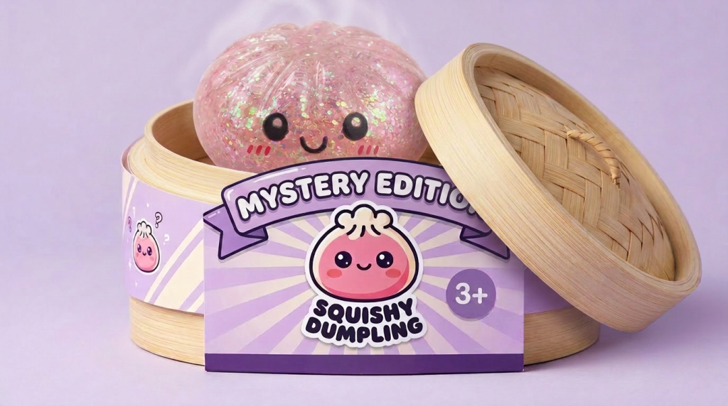 Dumplings Squishy Glitter Sorpresa en su cesta de vapor de bambú