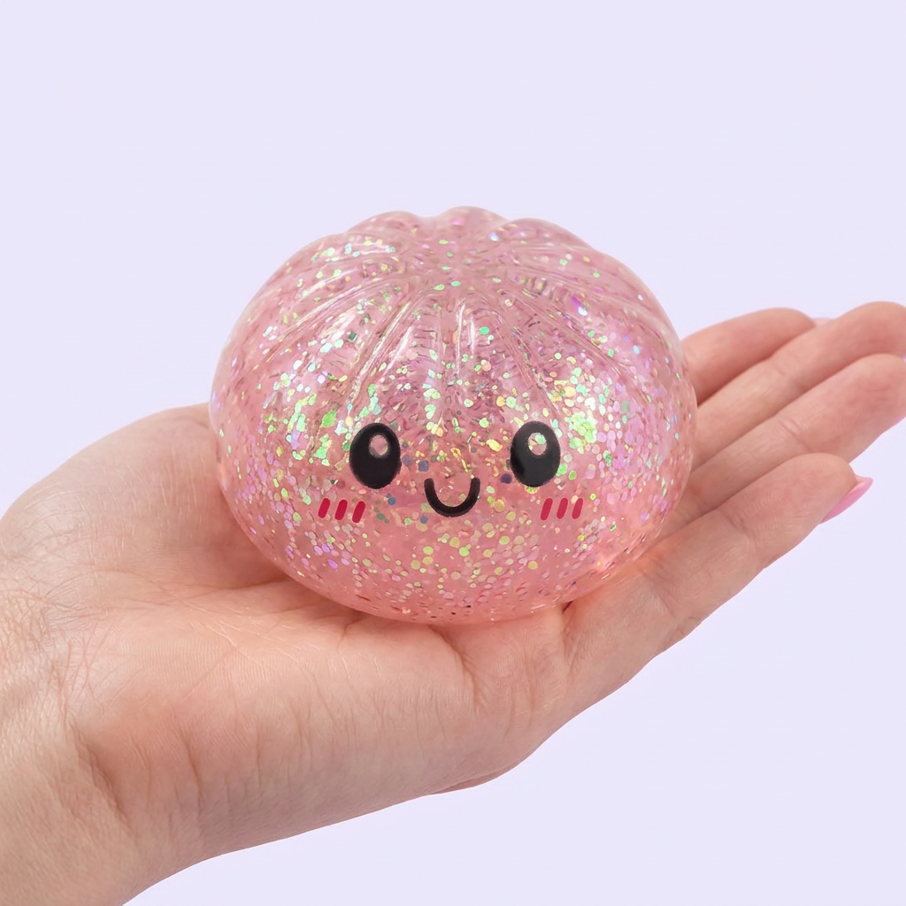 Dumplings Squishy Glitter Sorpresa en la mano, tamaño real
