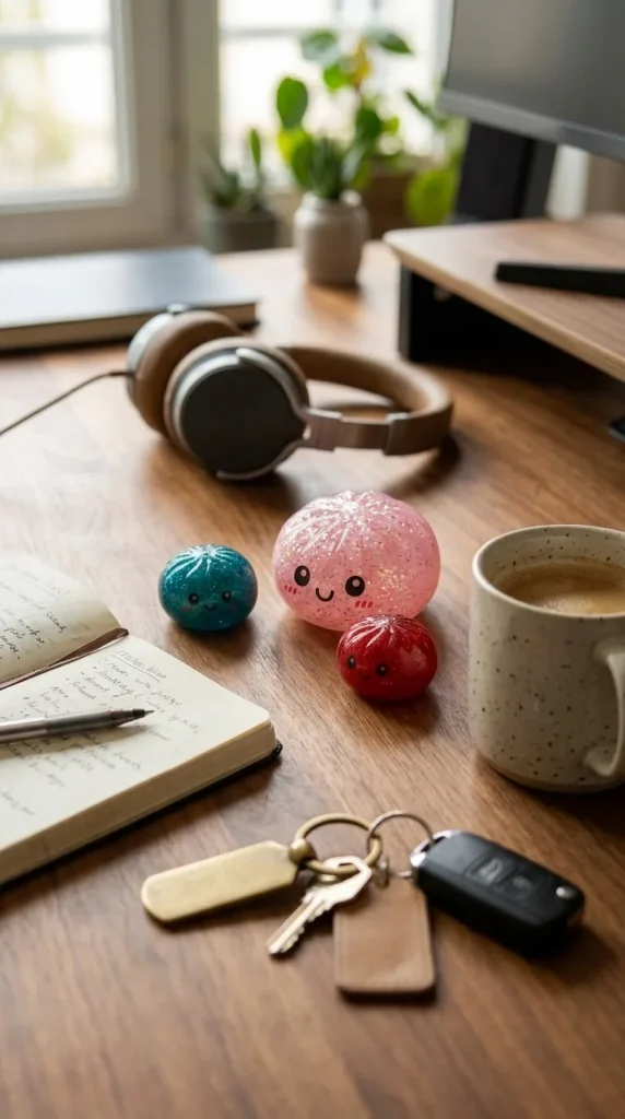 Dumplings Squishy Glitter Sorpresa en un escritorio