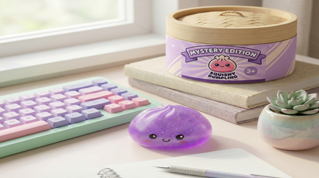 Dumpling Squishy Mystery Glow in the Dark con Purpurina en un ambiente de escritorio