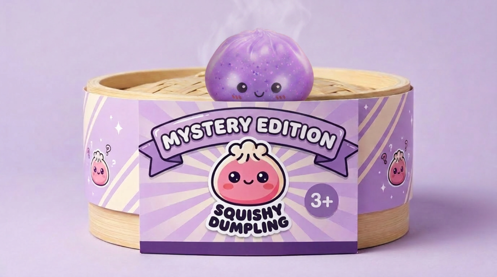 Dumpling Squishy Mystery Glow in the Dark con Purpurina en su cesta de vapor de bambú