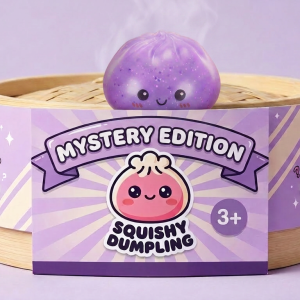 Dumpling Squishy Mystery Glow in the Dark con Purpurina en su cesta de vapor de bambú