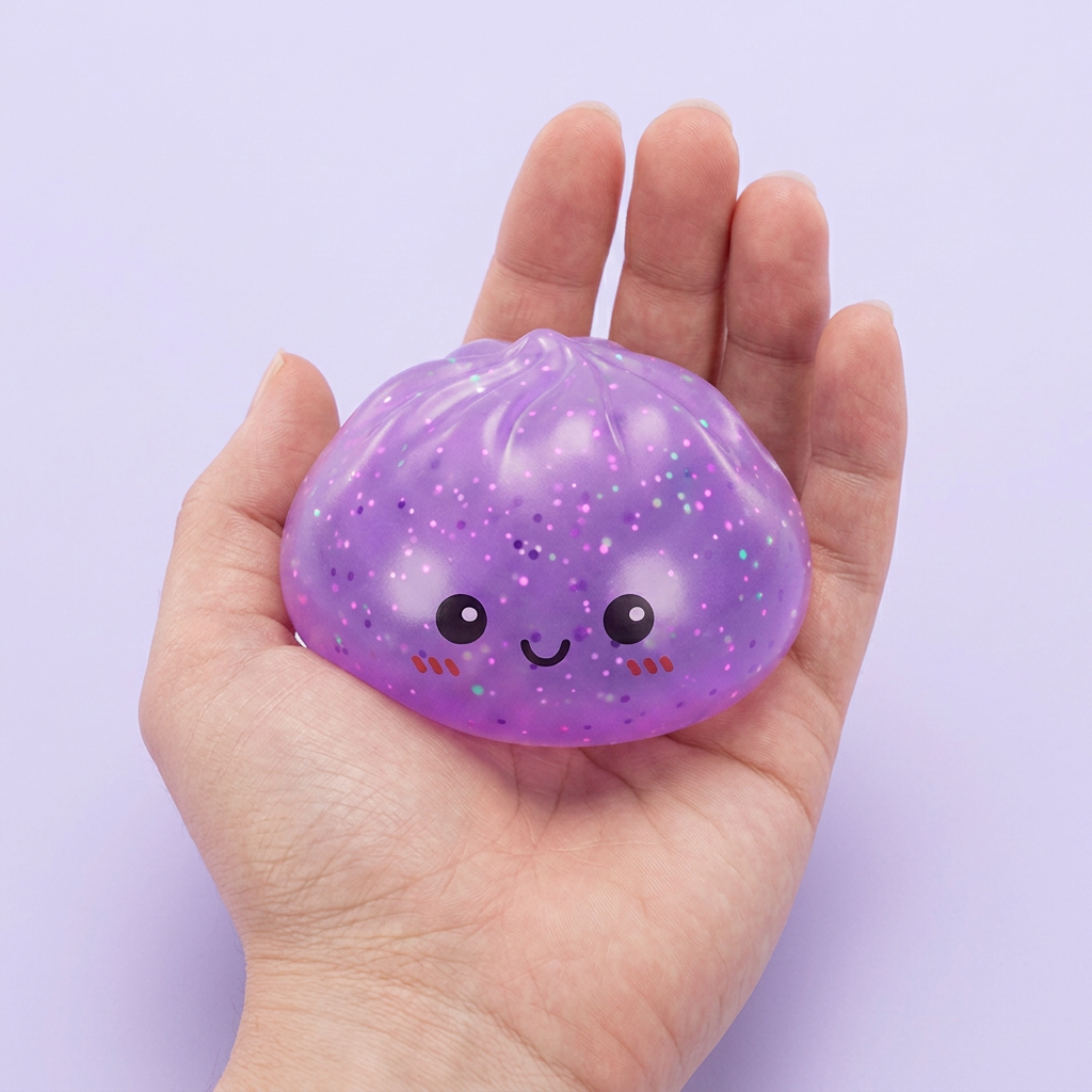 Dumpling Squishy Mystery Glow in the Dark con Purpurina en la mano, tamaño real