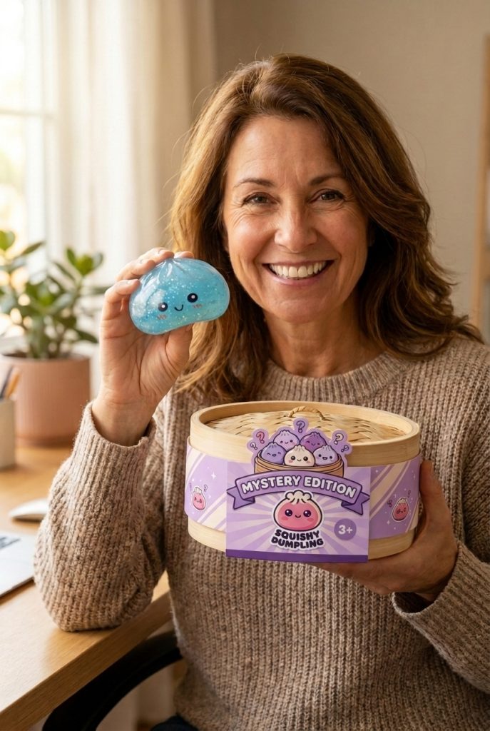 Dumpling Squishy Mystery Glow in the Dark con Purpurina con su cesta de vapor de bambú