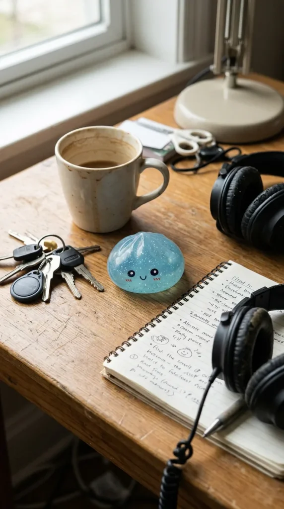 Dumpling Squishy Mystery Glow in the Dark con Purpurina en un escritorio