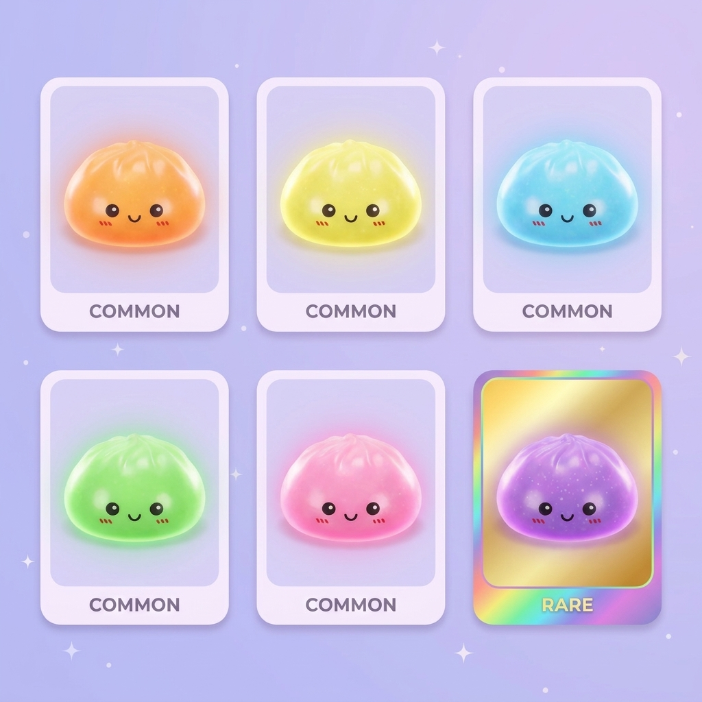 Dumpling Squishy Mystery Glow in the Dark con Purpurina — tabla de rarezas (común, raro, ultra raro)