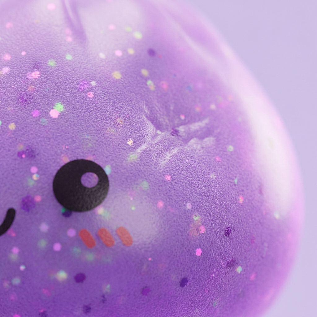 Dumpling Squishy Mystery Glow in the Dark con Purpurina — primer plano macro de la textura
