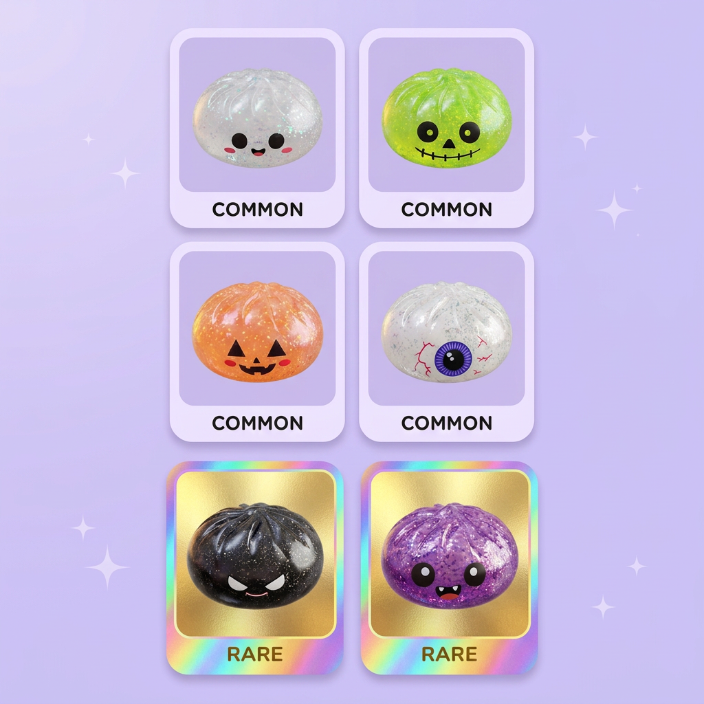 Squishy Dumpling Mystery Halloween Caja Sorpresa — tabla de rarezas (común, raro, ultra raro)