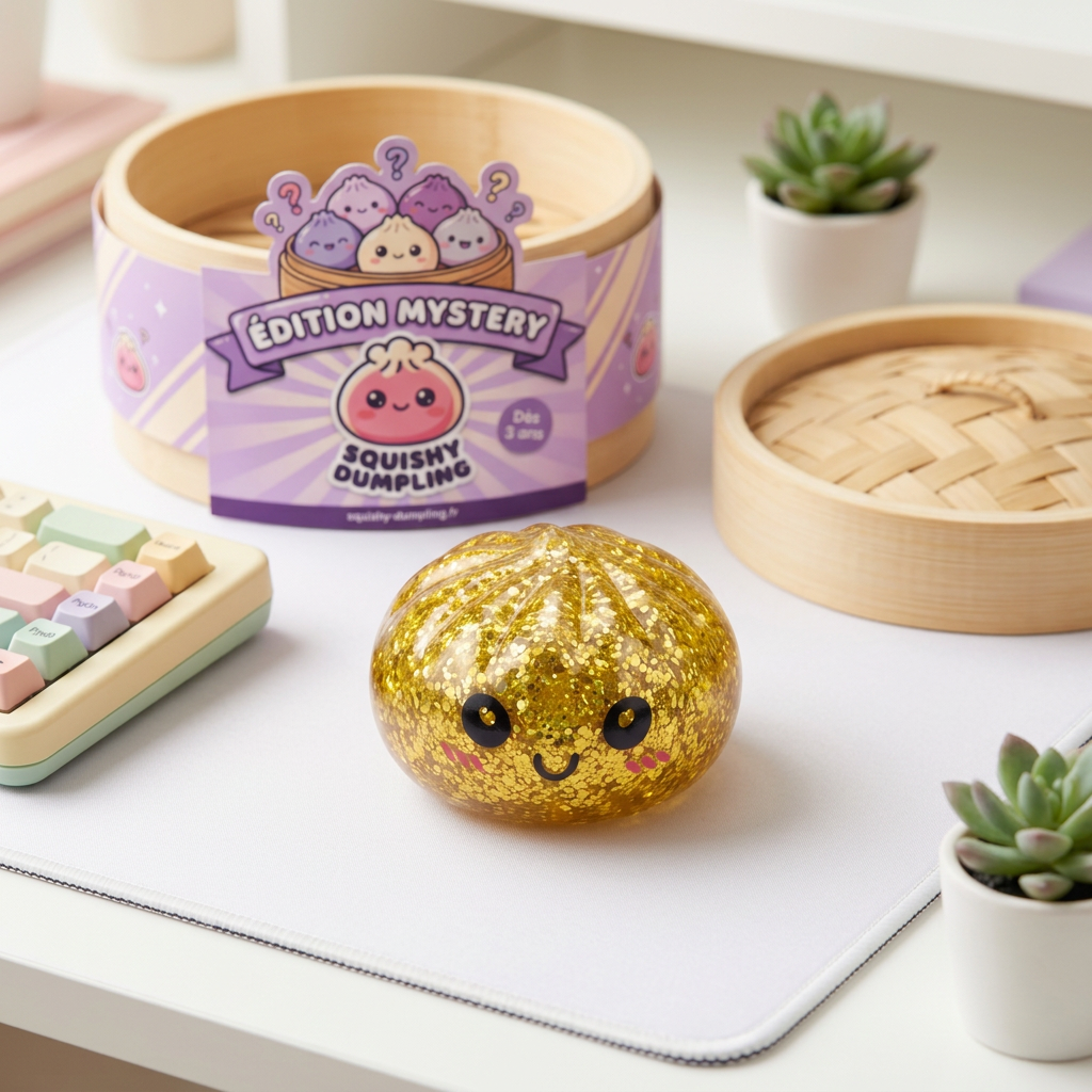 Squishy Dumpling Mystery Glitter Mini Set Bambú en un ambiente de escritorio