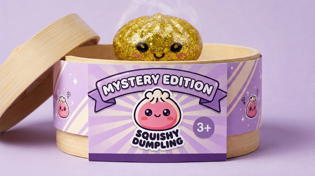 Squishy Dumpling Mystery Glitter Mini Set Bambú en su cesta de vapor de bambú