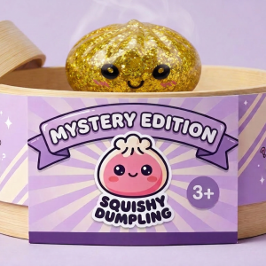 Squishy Dumpling Mystery Glitter Mini Set Bambú en su cesta de vapor de bambú