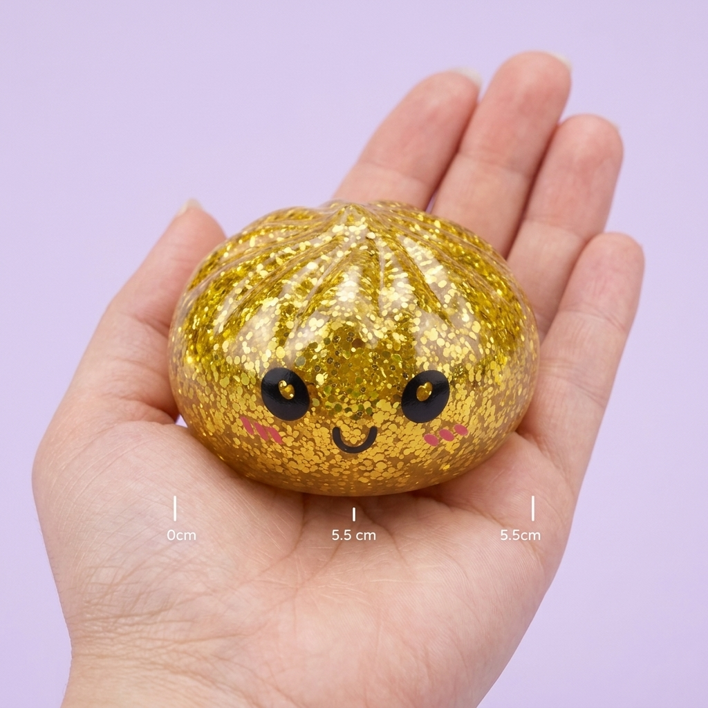 Squishy Dumpling Mystery Glitter Mini Set Bambú en la mano, tamaño real