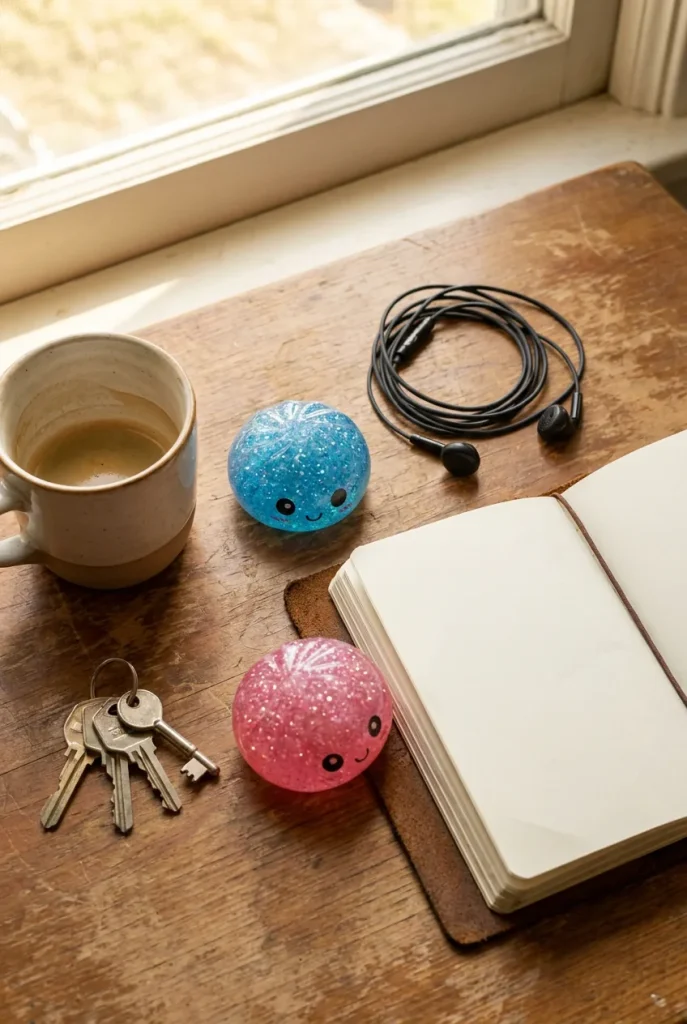 Squishy Dumpling Mystery Glitter Mini Set Bambú en un escritorio