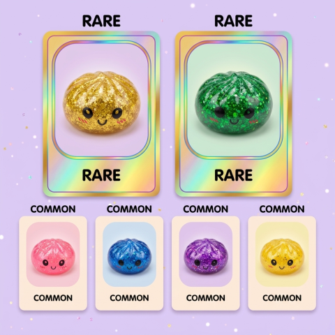 Squishy Dumpling Mystery Glitter Mini Set Bambú — tabla de rarezas (común, raro, ultra raro)