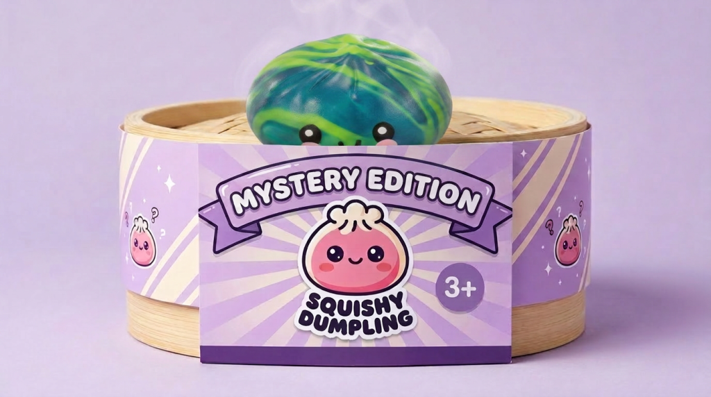 Dumpling Squishy Mystery Tie Dye Mini en su cesta de vapor de bambú