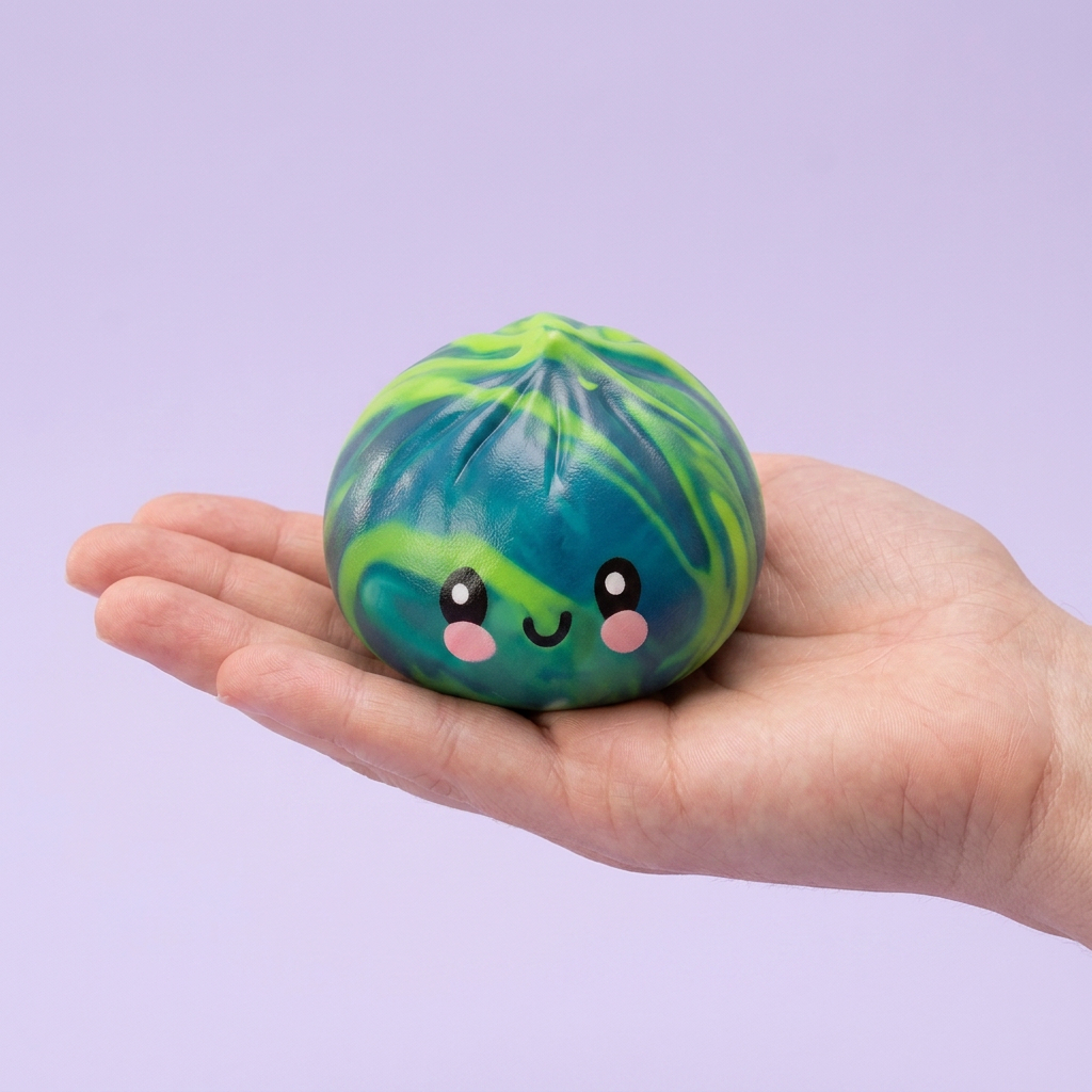 Dumpling Squishy Mystery Tie Dye Mini en la mano, tamaño real