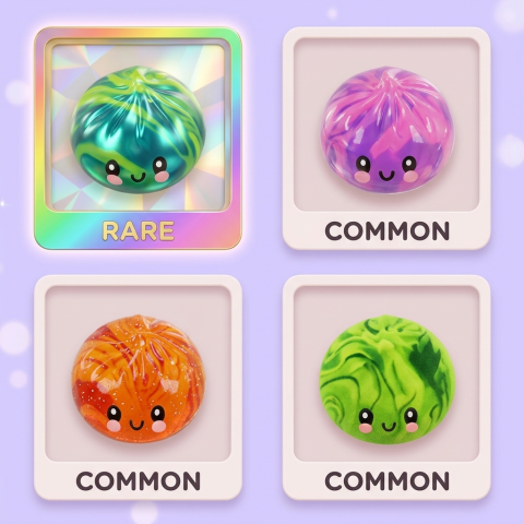 Dumpling Squishy Mystery Tie Dye Mini — tabla de rarezas (común, raro, ultra raro)