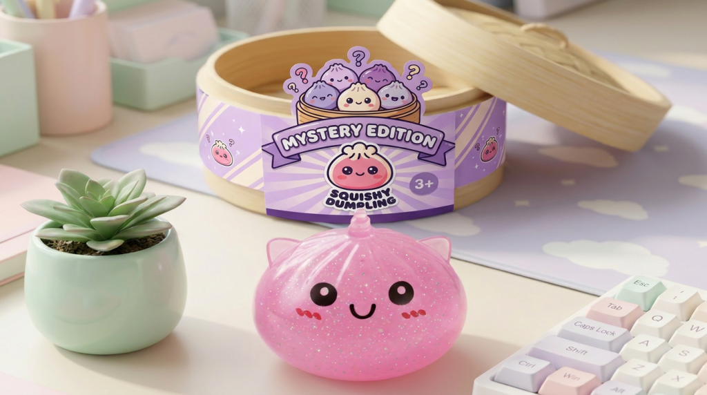 Dumpling Squishy Unicornio Mystery Mini en un ambiente de escritorio